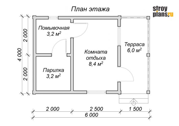 Проект бани 6 на 4 из бруса с террасой – BB-10 Проект бани 6 на 4 из бруса с террасой – BB-10