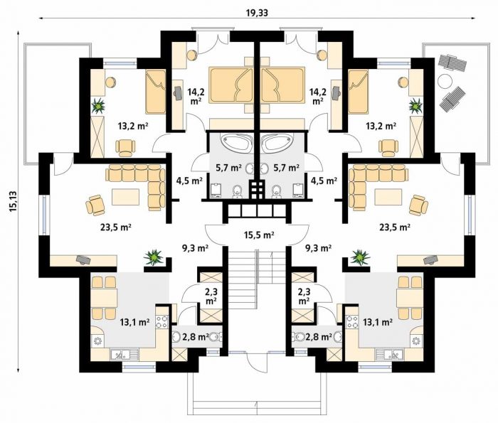 Проект двухэтажного дома на 2 семьи DD63 Проект двухэтажного дома на 2 семьи DD63