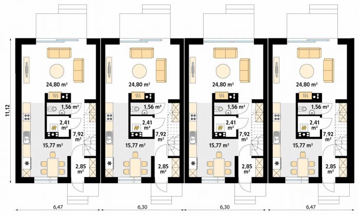 Проект двухэтажного дома на 4 семьи DD65 Проект двухэтажного дома на 4 семьи DD65
